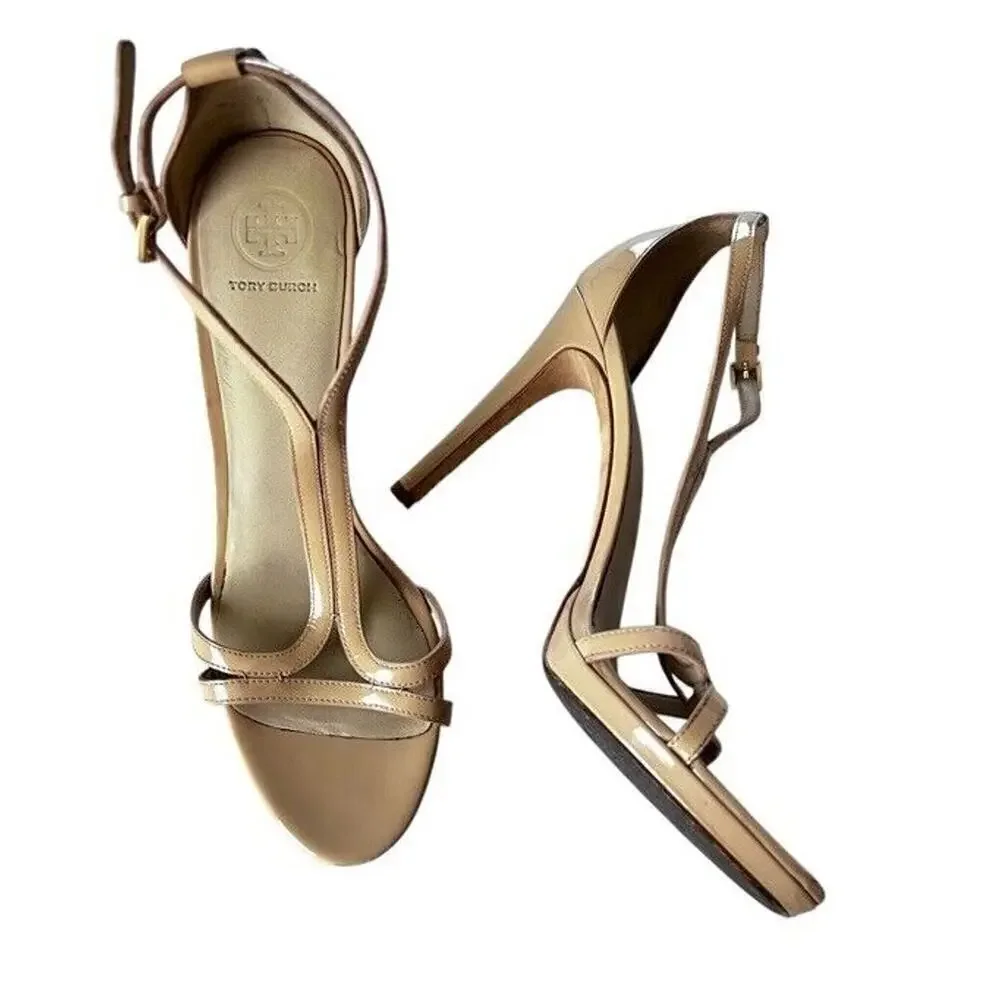 Tory Burch Shelley Heels Nude T Strap Stiletto Patent Leather Womens Size 9